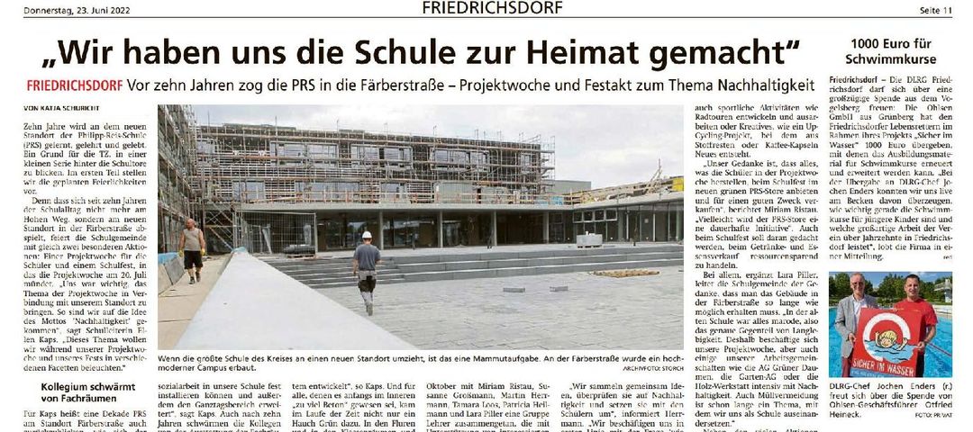 20220623 Zeitung Friedrichsdorf Spendenübergabe Sicher im Wasser